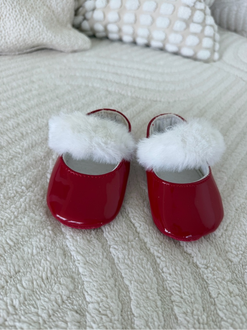Toddler Red Patent Mary Jane Shoes with White Faux Fur Trim-CHRISTMAS BABY SHOES